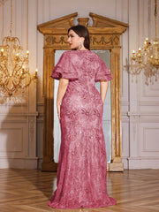 Rose Gold Sequin Ruffle Sleeve Mermaid Evening Gown