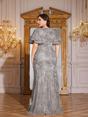Rose Gold Sequin Ruffle Sleeve Mermaid Evening Gown