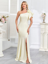 Cream One Shoulder Floral Mermaid Slit Evening Gown