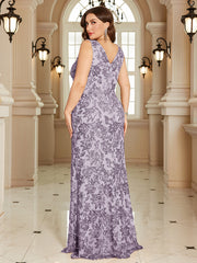 Navy Blue Floral Sequin Sleeveless Slit A‑Line Maxi Gown