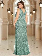 Navy Blue Floral Sequin Sleeveless Slit A‑Line Maxi Gown