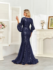 Champagne Gold Sequin Bell Sleeve Mermaid Evening Gown
