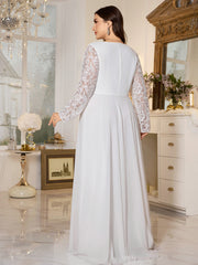 White Lace Long‑Sleeve High‑Waist A‑Line Plus Size Evening Gown