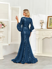 Champagne Gold Sequin Bell Sleeve Mermaid Evening Gown