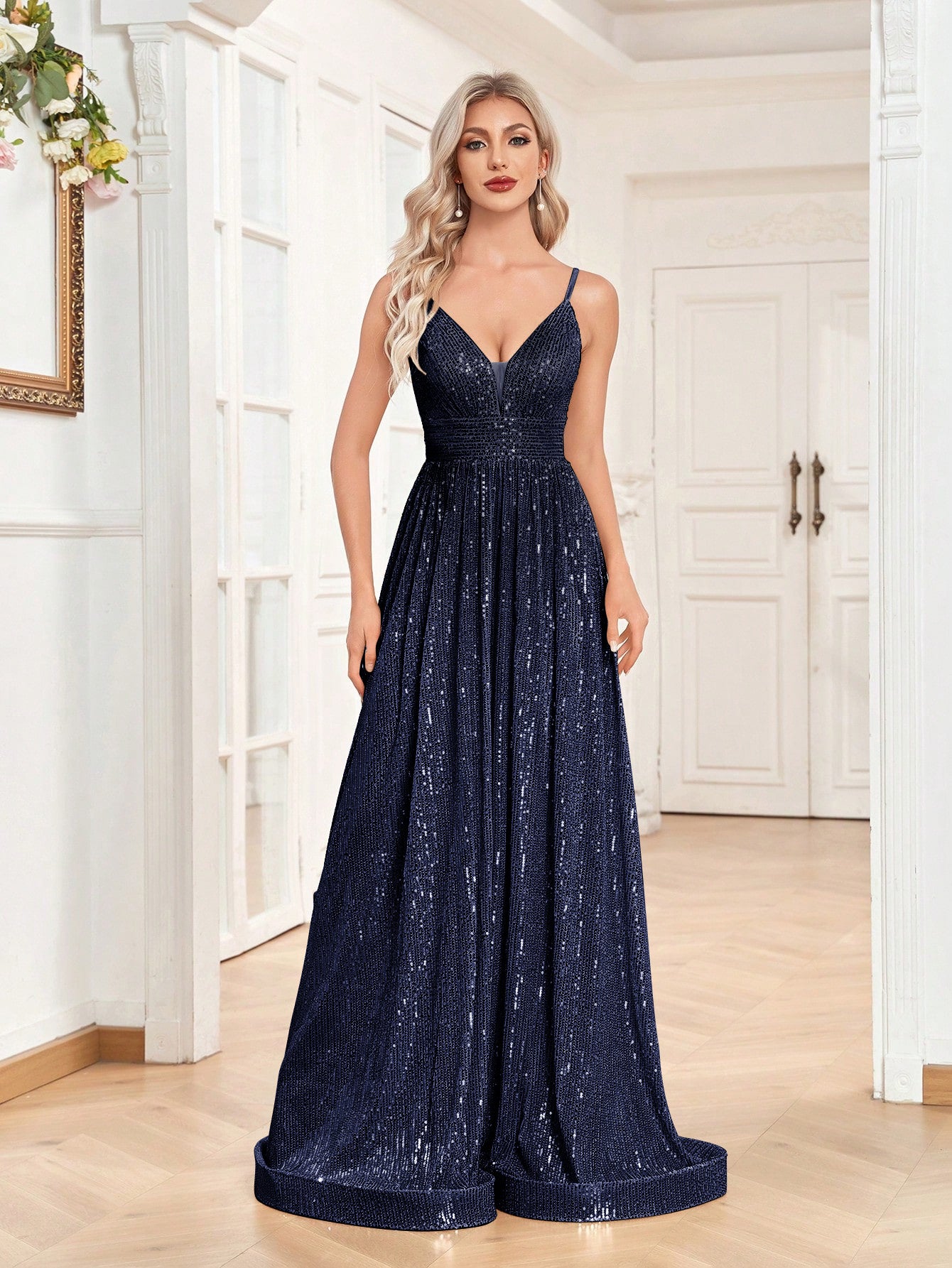 Sequined Bridesmaid Strap Dress, Elegant V-neck Floor Length Dress For Wedding Party | XUIBOL