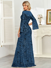 Royal Blue Sequin Split Flare‑Sleeve Mermaid Evening Gown