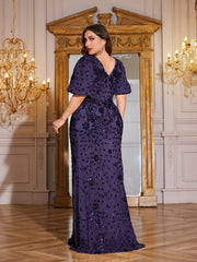 Navy Blue Sequin Puff Short Sleeve Mermaid Plus Size Evening Gown