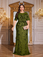 Teal Green Sequin Short Sleeve Mermaid Plus Size Evening Gown
