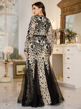 Beige‑Base Black Floral Sequin V‑Neck Long‑Sleeve Split Plus‑Size Mermaid Evening Gown