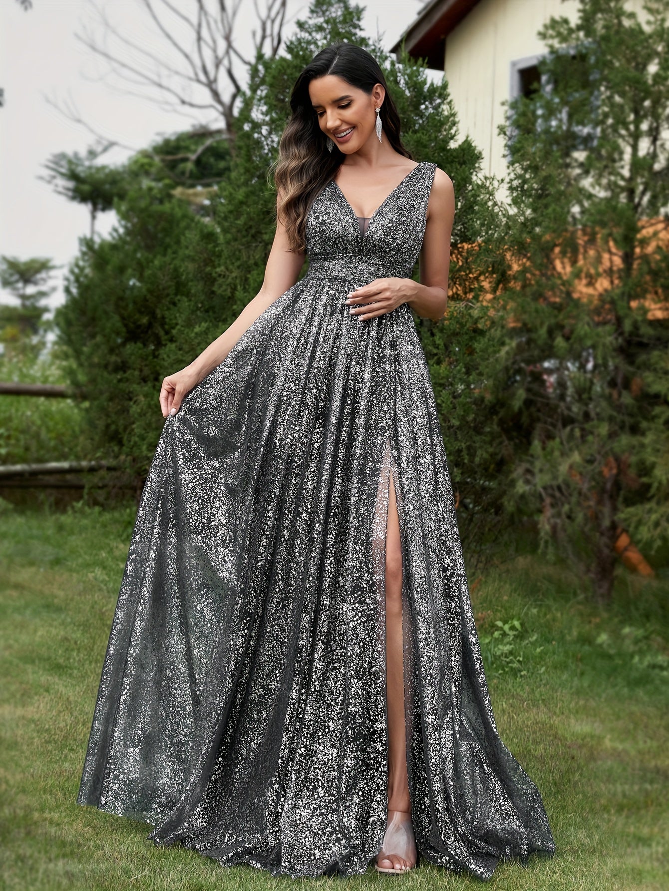 Plunge Neck A-line Tank Dress, Elegant Sleeveless Split Hem Floor Length Dress | XUIBOL