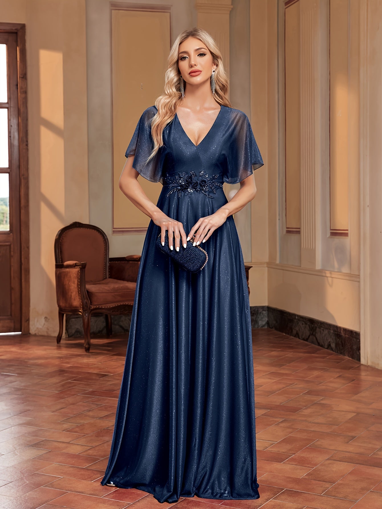 Flutter Sleeve Floral Decor Bridesmaid Dress | XUIBOL