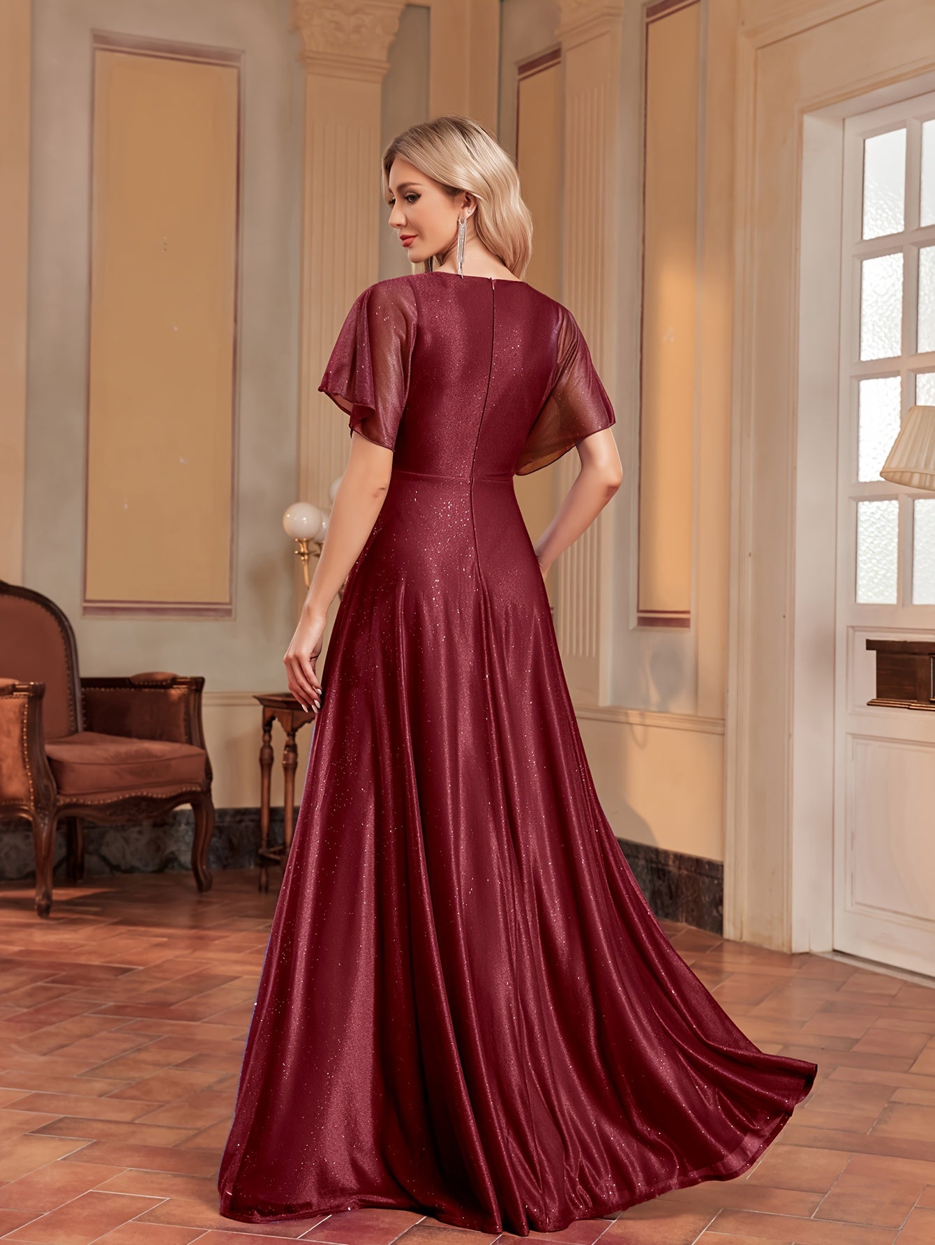 Flutter Sleeve Floral Decor Bridesmaid Dress | XUIBOL