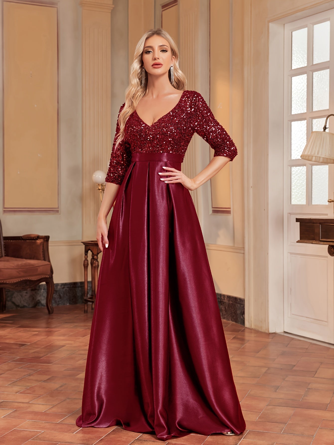 Sequined V-neck Splicing Dress | XUIBOL