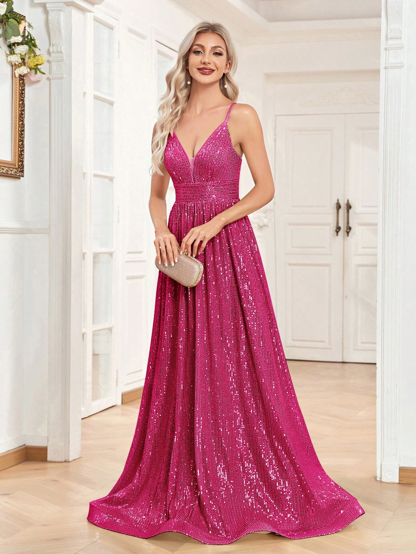 Sequined Bridesmaid Strap Dress, Elegant V-neck Floor Length Dress For Wedding Party | XUIBOL