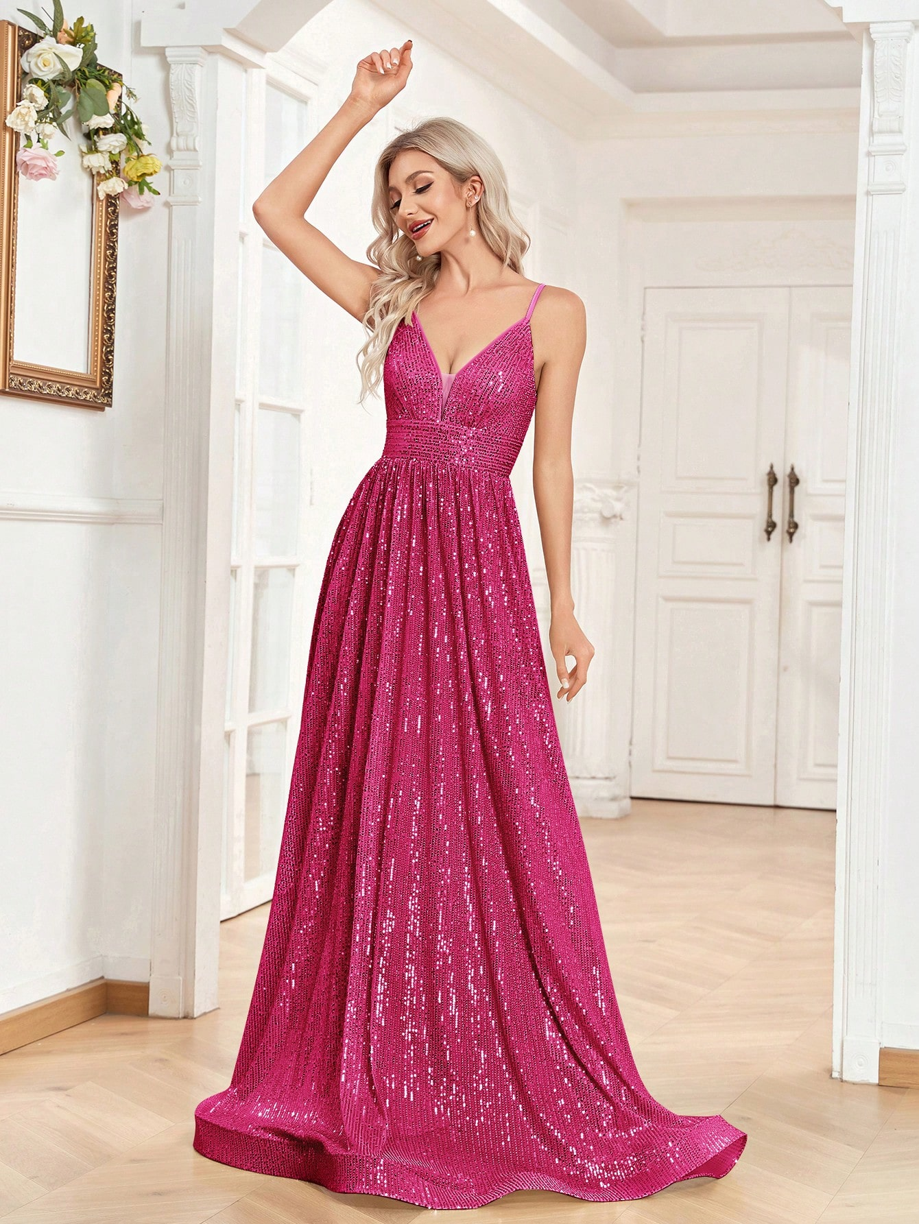 Sequined Bridesmaid Strap Dress, Elegant V-neck Floor Length Dress For Wedding Party | XUIBOL