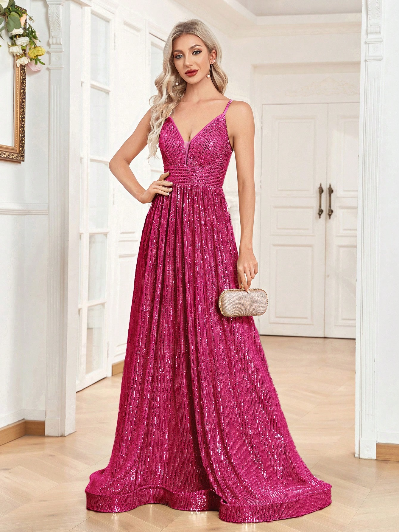 Sequined Bridesmaid Strap Dress, Elegant V-neck Floor Length Dress For Wedding Party | XUIBOL