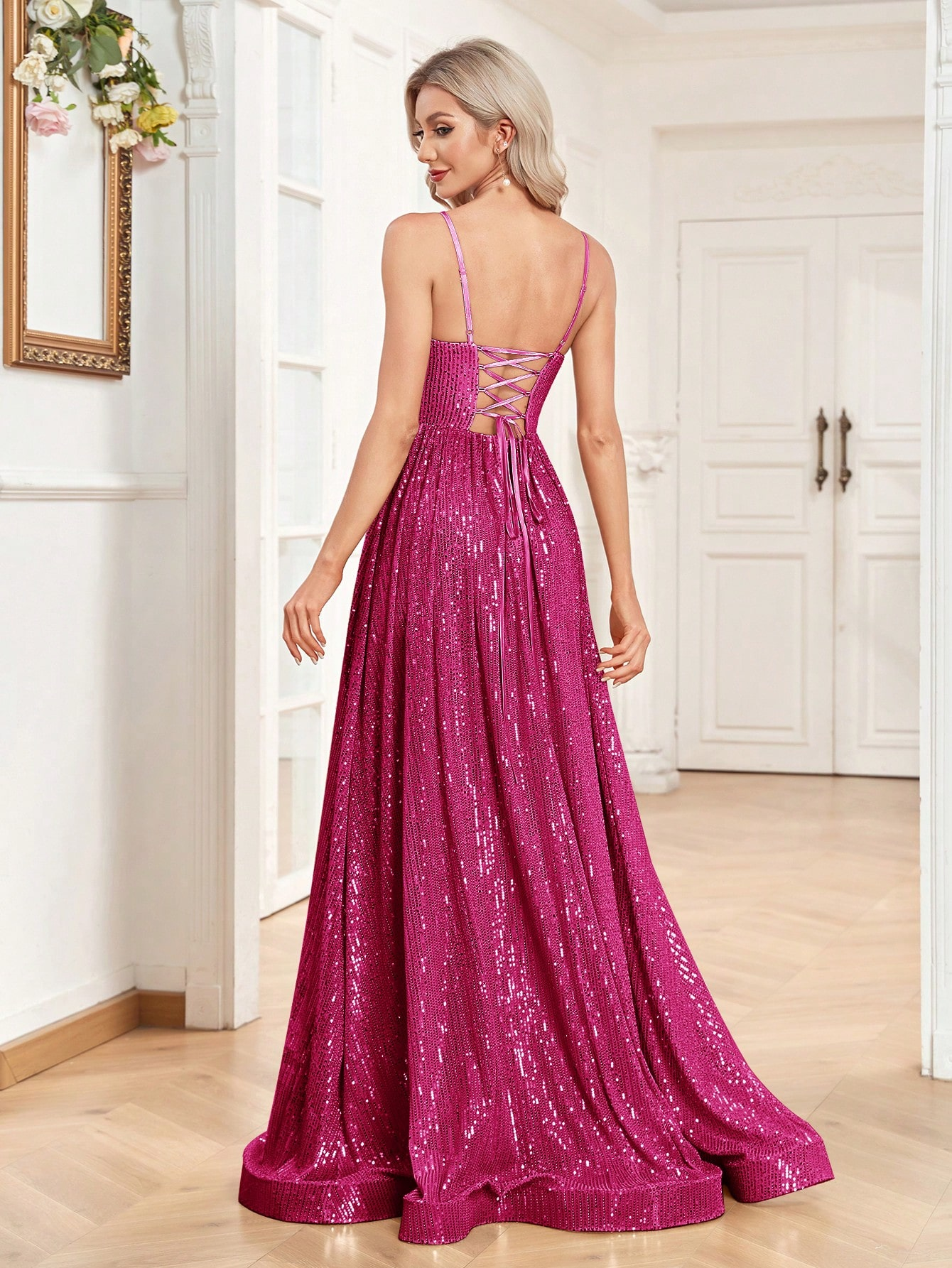 Sequined Bridesmaid Strap Dress, Elegant V-neck Floor Length Dress For Wedding Party | XUIBOL