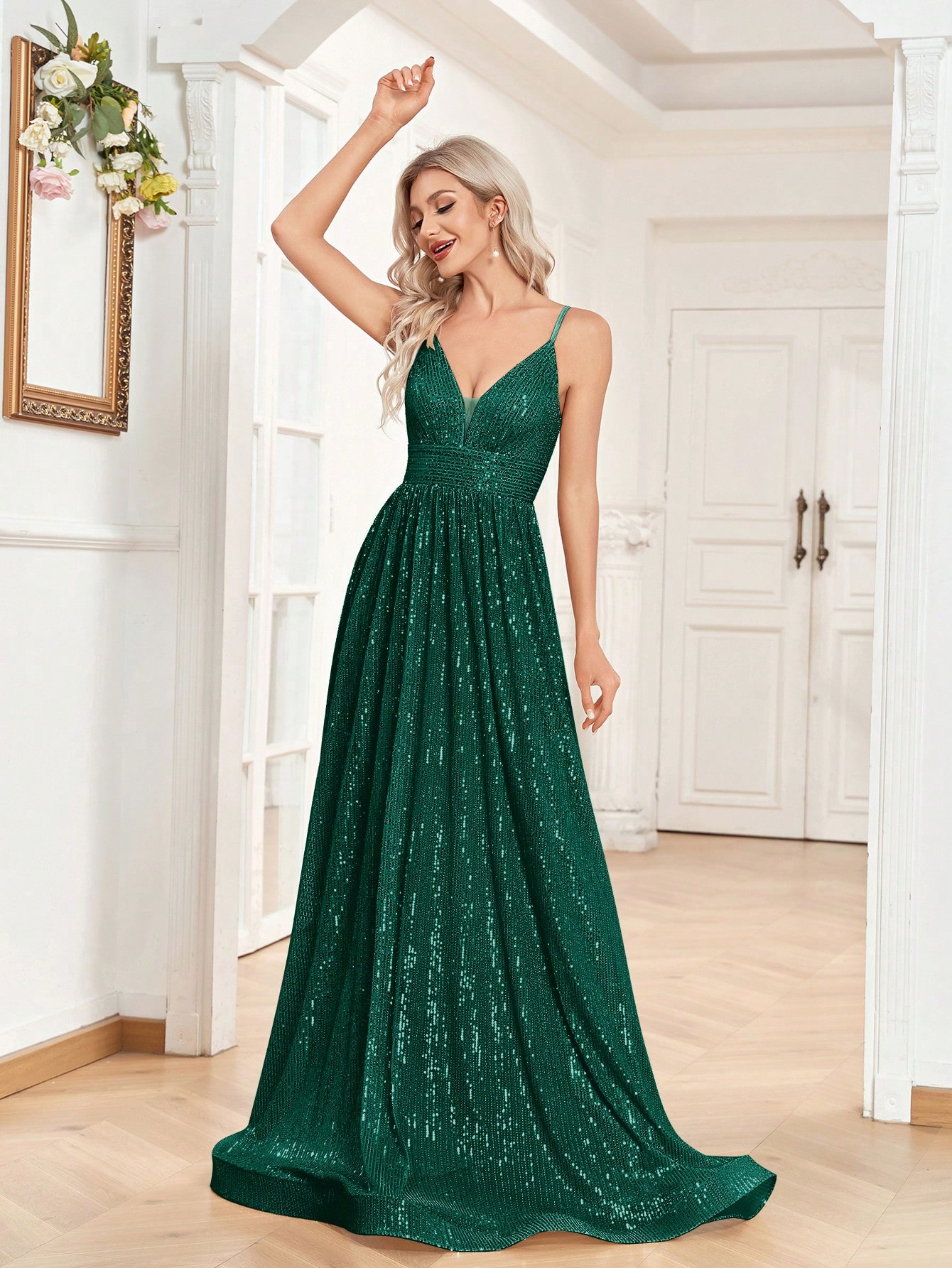Sequined Bridesmaid Strap Dress, Elegant V-neck Floor Length Dress For Wedding Party | XUIBOL