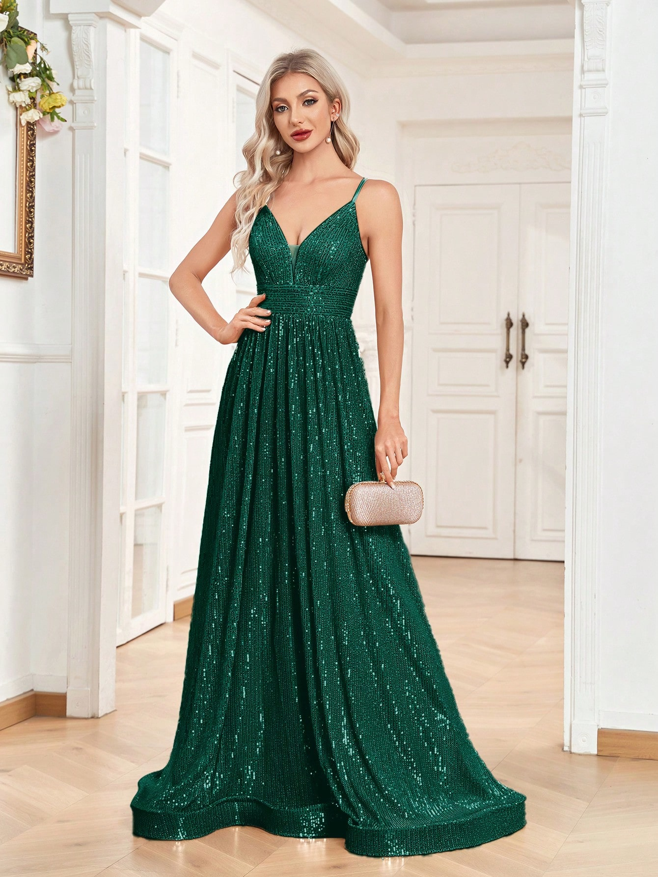 Sequined Bridesmaid Strap Dress, Elegant V-neck Floor Length Dress For Wedding Party | XUIBOL
