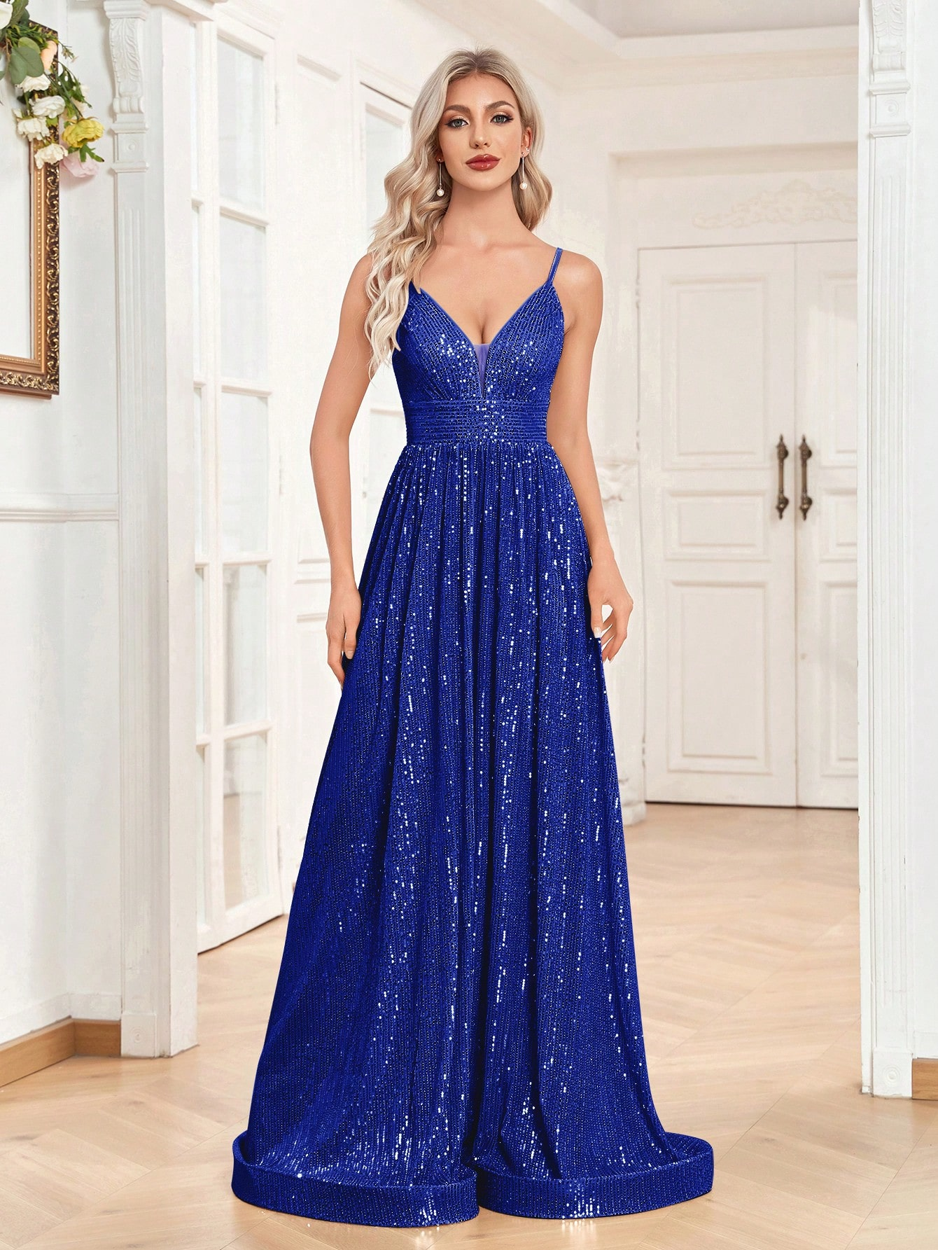 Sequined Bridesmaid Strap Dress, Elegant V-neck Floor Length Dress For Wedding Party | XUIBOL