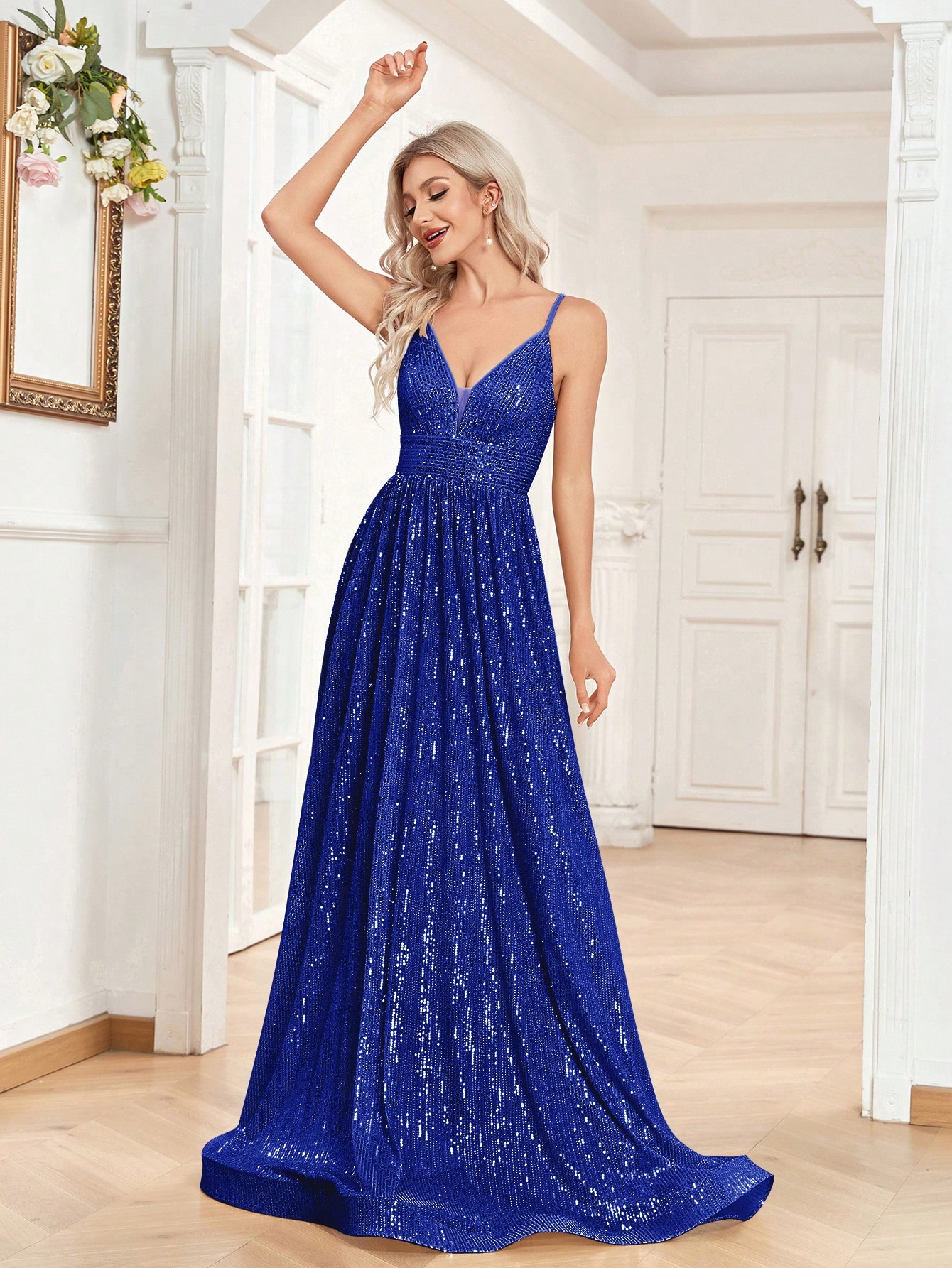 Sequined Bridesmaid Strap Dress, Elegant V-neck Floor Length Dress For Wedding Party | XUIBOL