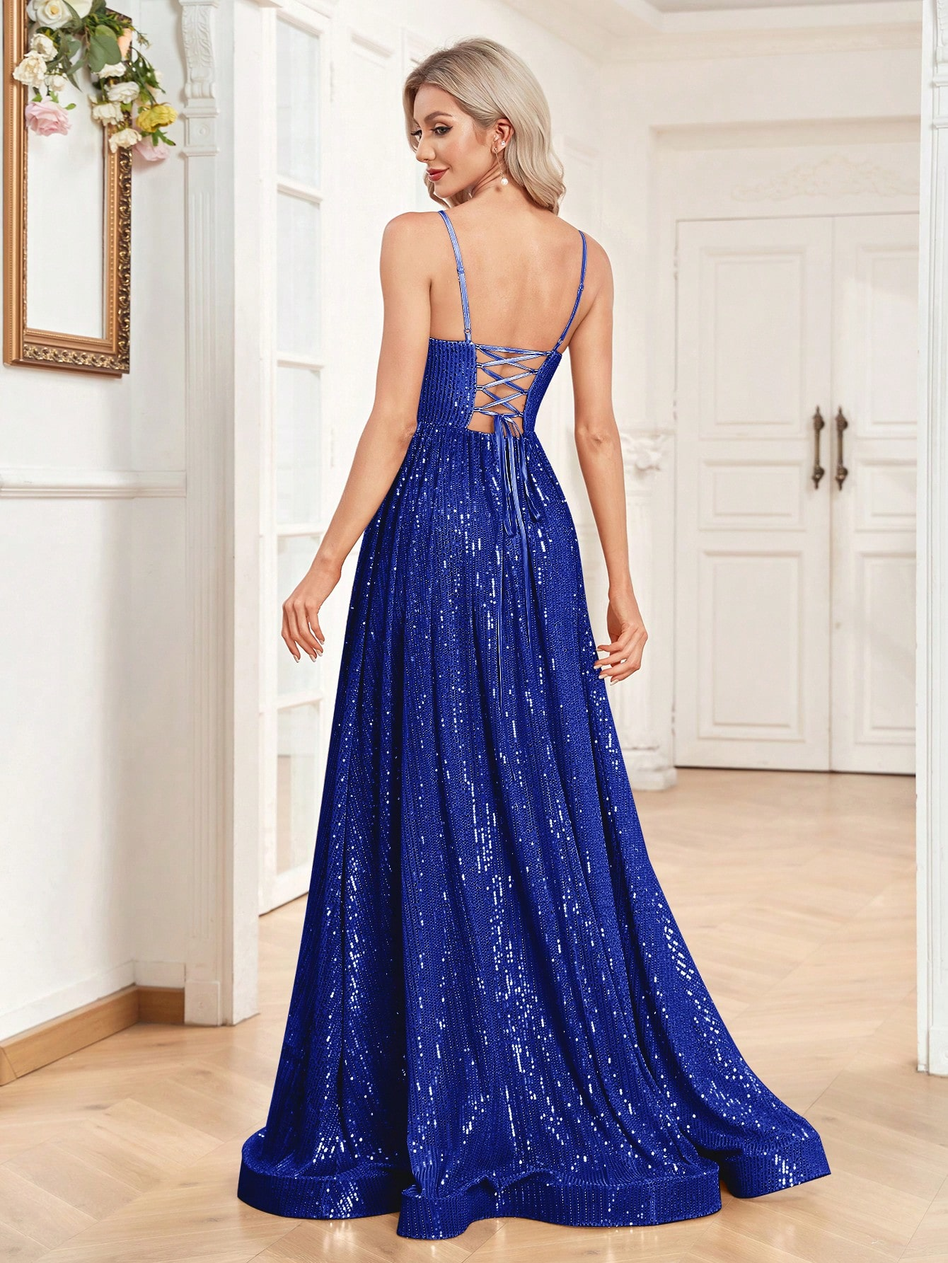 Sequined Bridesmaid Strap Dress, Elegant V-neck Floor Length Dress For Wedding Party | XUIBOL