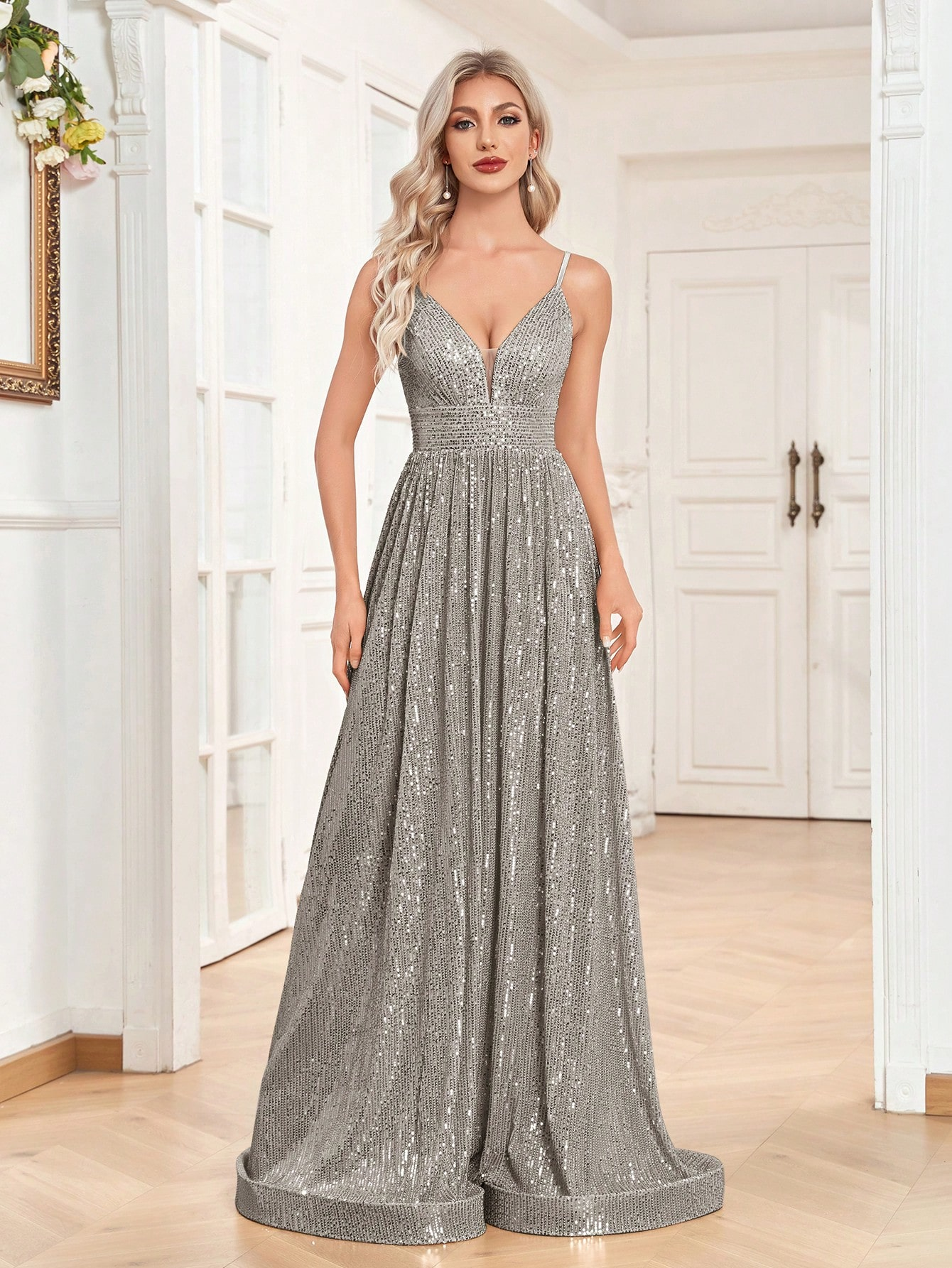 Sequined Bridesmaid Strap Dress, Elegant V-neck Floor Length Dress For Wedding Party | XUIBOL