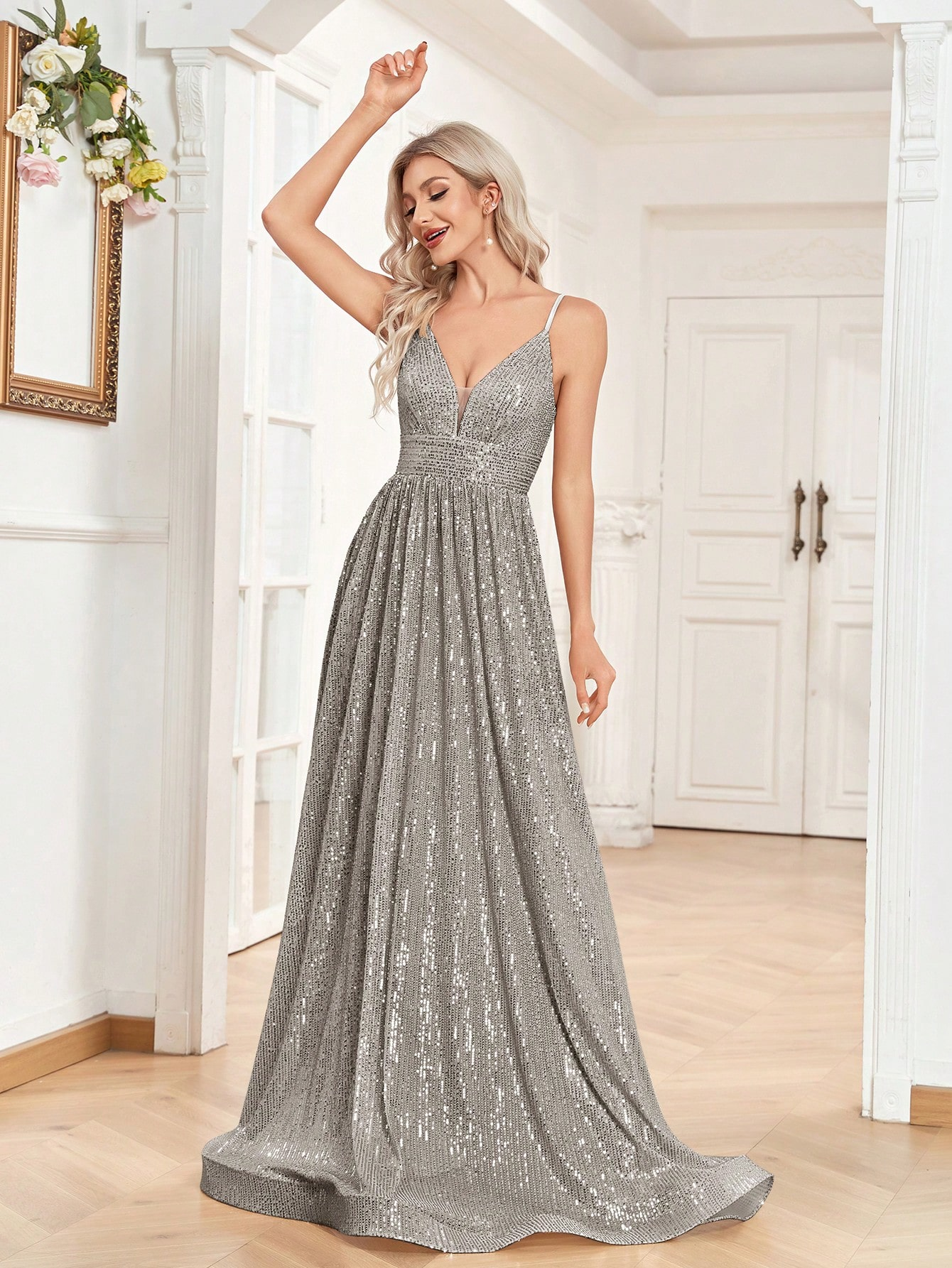 Sequined Bridesmaid Strap Dress, Elegant V-neck Floor Length Dress For Wedding Party | XUIBOL