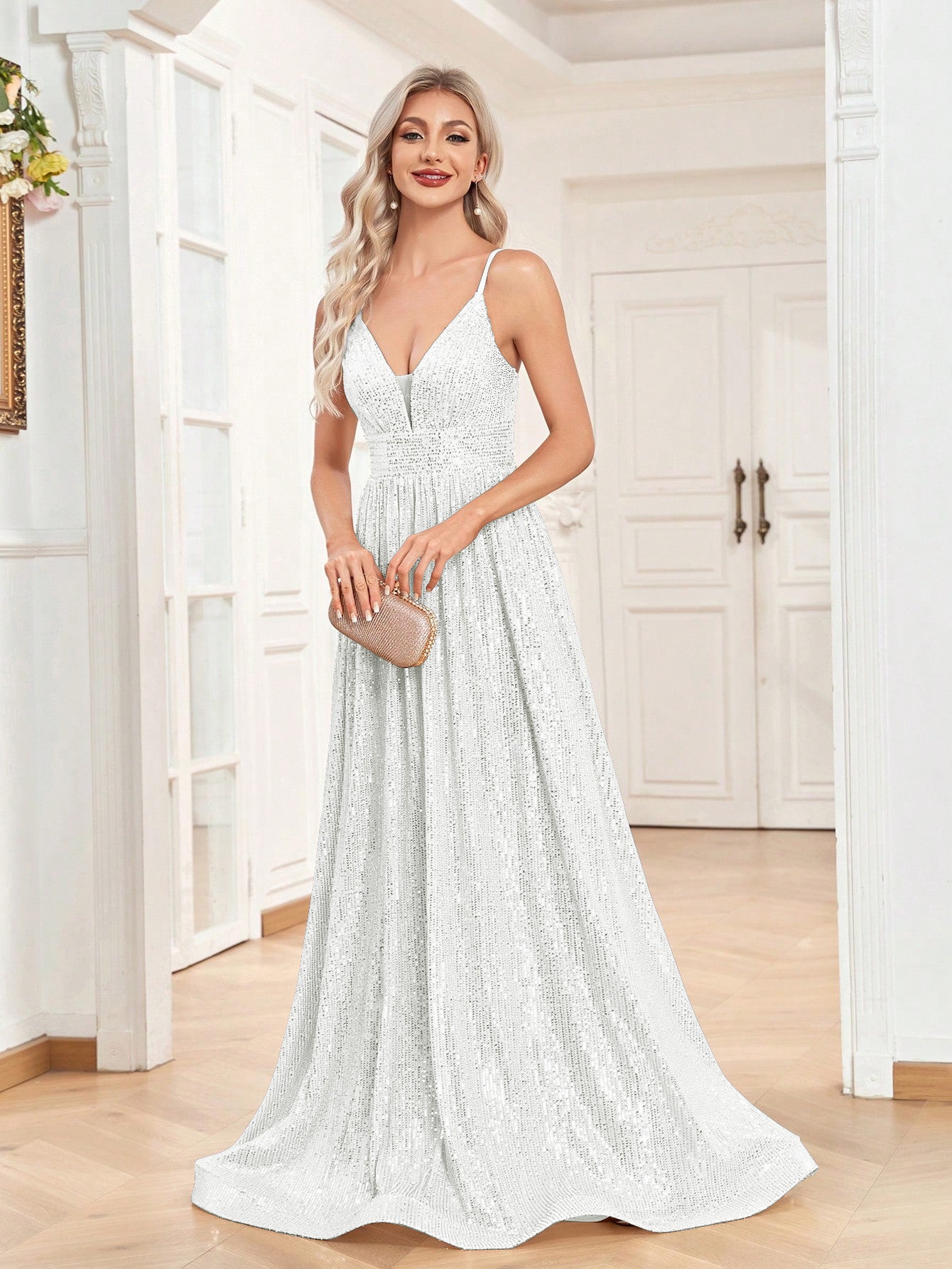 Sequined Bridesmaid Strap Dress, Elegant V-neck Floor Length Dress For Wedding Party | XUIBOL