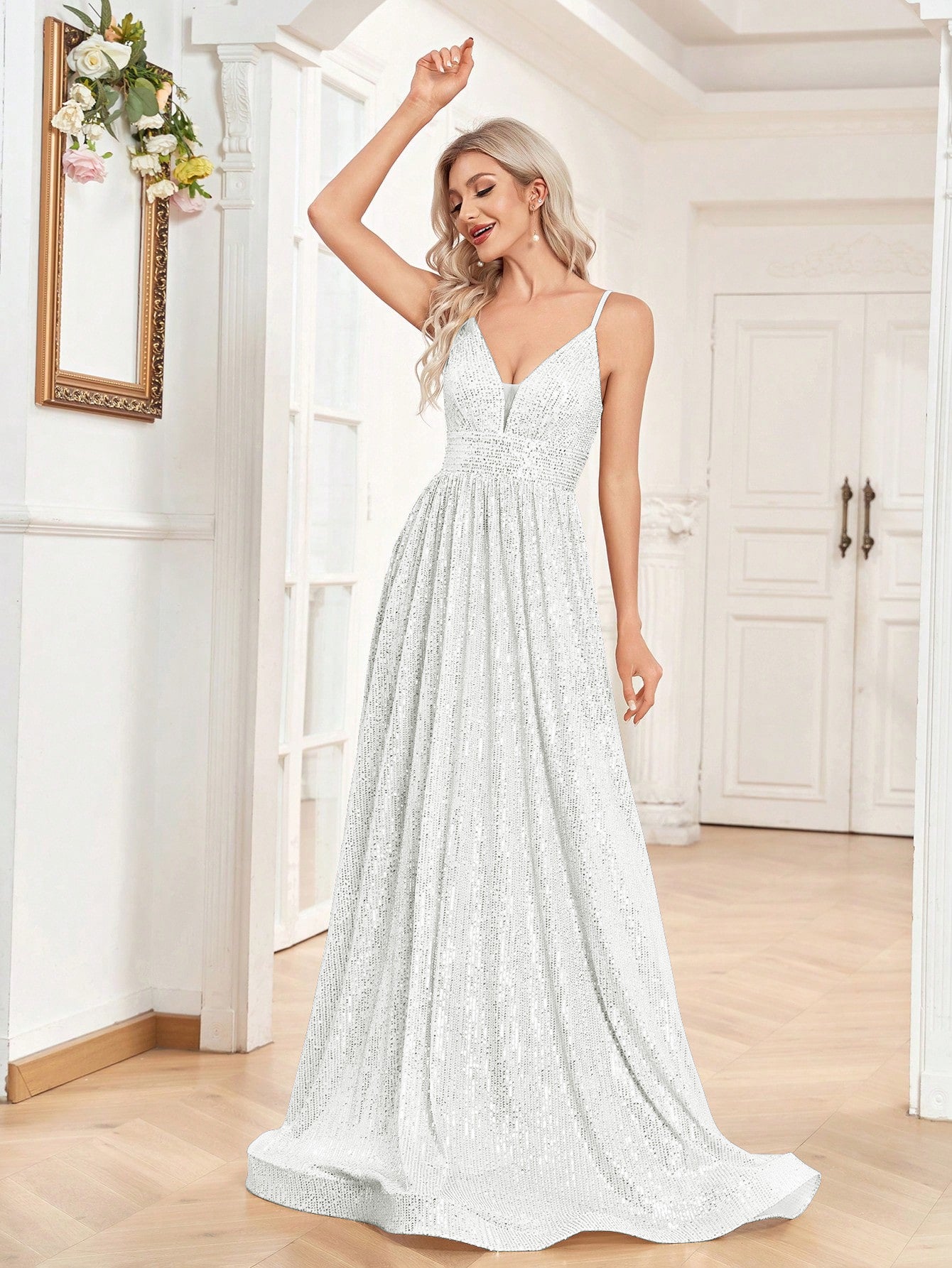Sequined Bridesmaid Strap Dress, Elegant V-neck Floor Length Dress For Wedding Party | XUIBOL