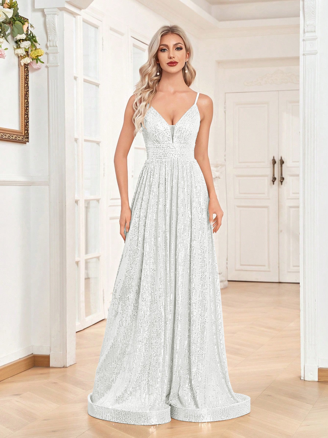 Sequined Bridesmaid Strap Dress, Elegant V-neck Floor Length Dress For Wedding Party | XUIBOL