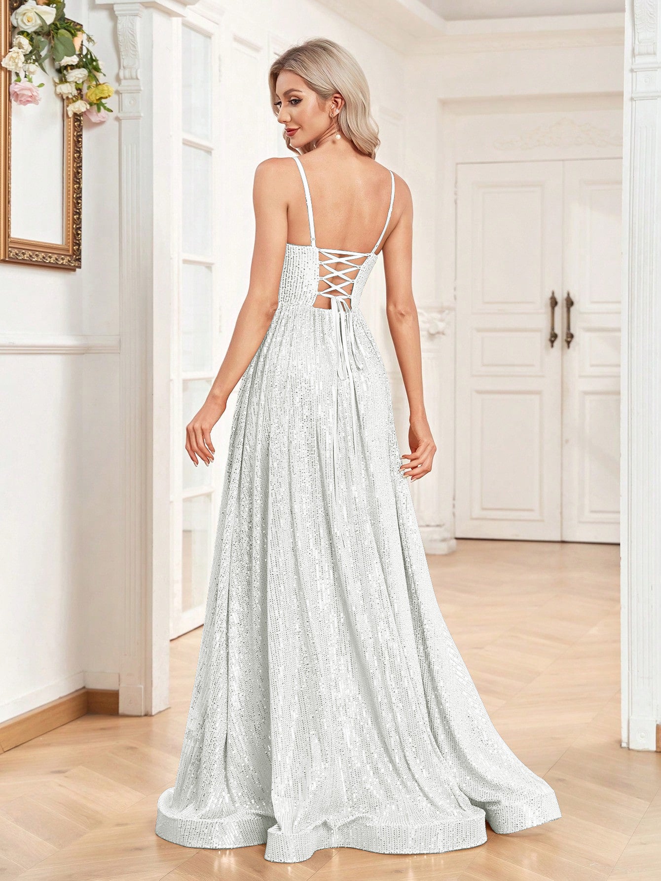 Sequined Bridesmaid Strap Dress, Elegant V-neck Floor Length Dress For Wedding Party | XUIBOL