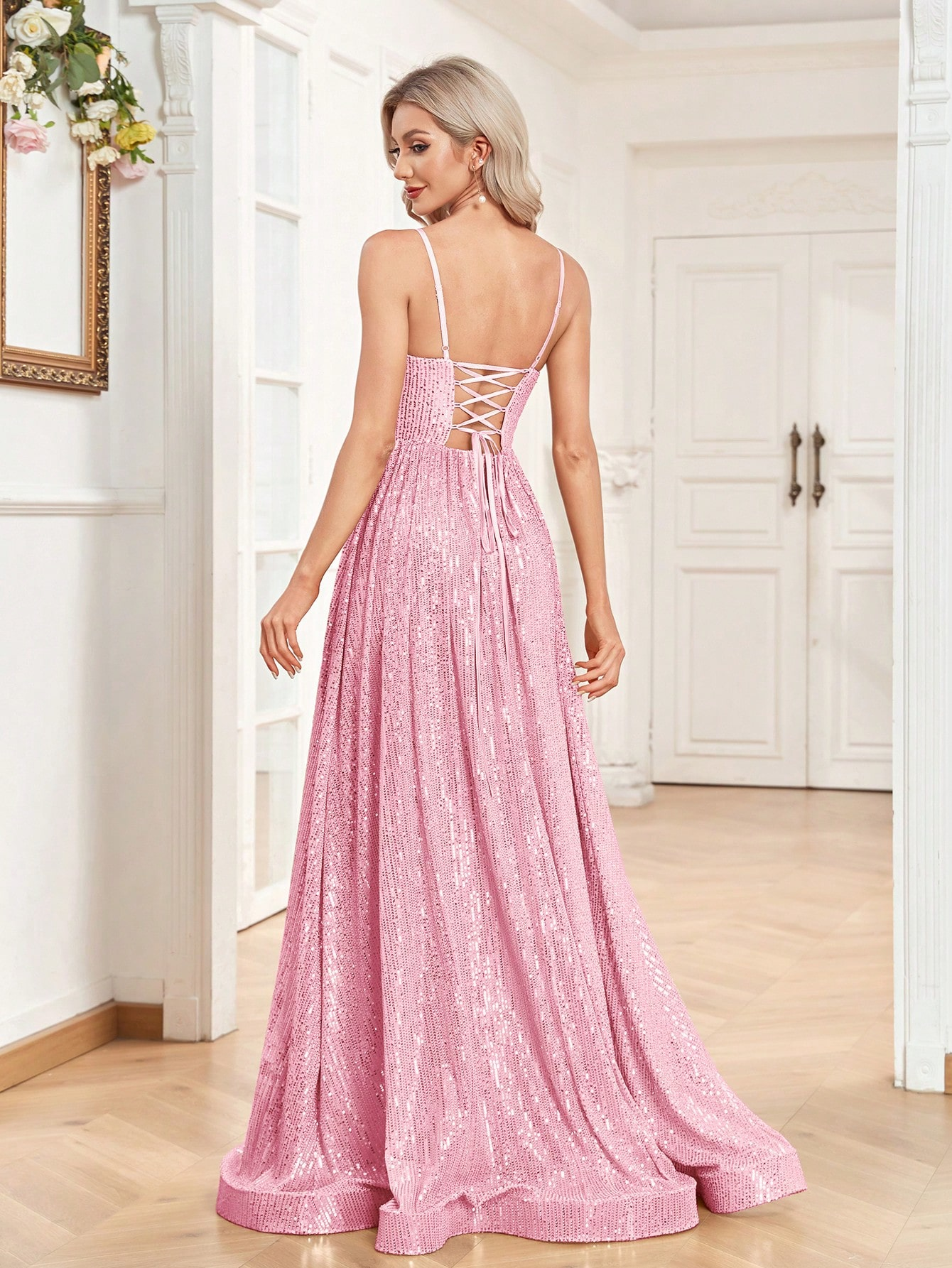 Sequined Bridesmaid Strap Dress, Elegant V-neck Floor Length Dress For Wedding Party | XUIBOL