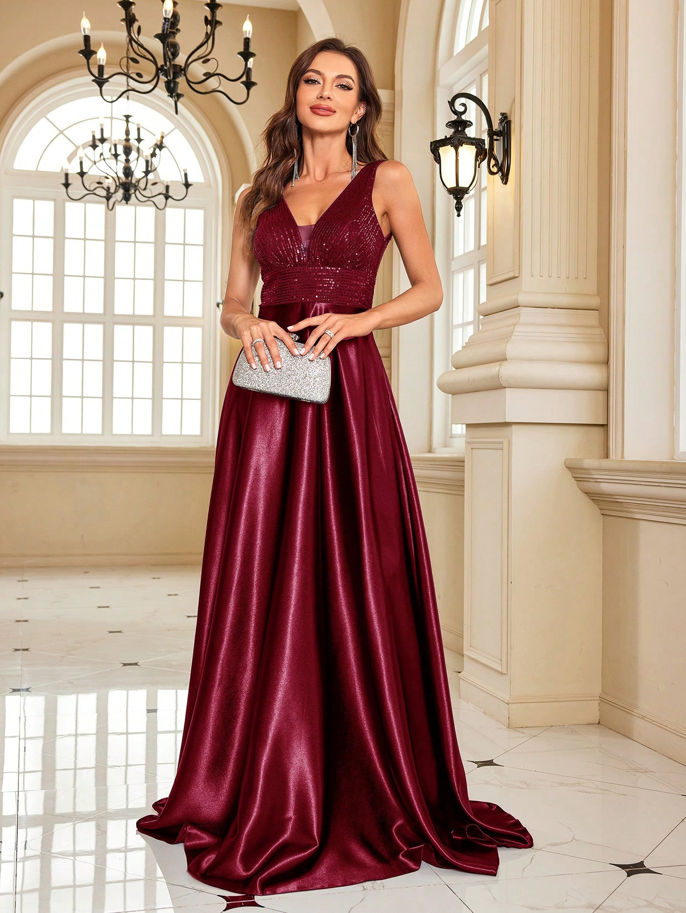 Contrast Sequin Satin Formal Dress | XUIBOL