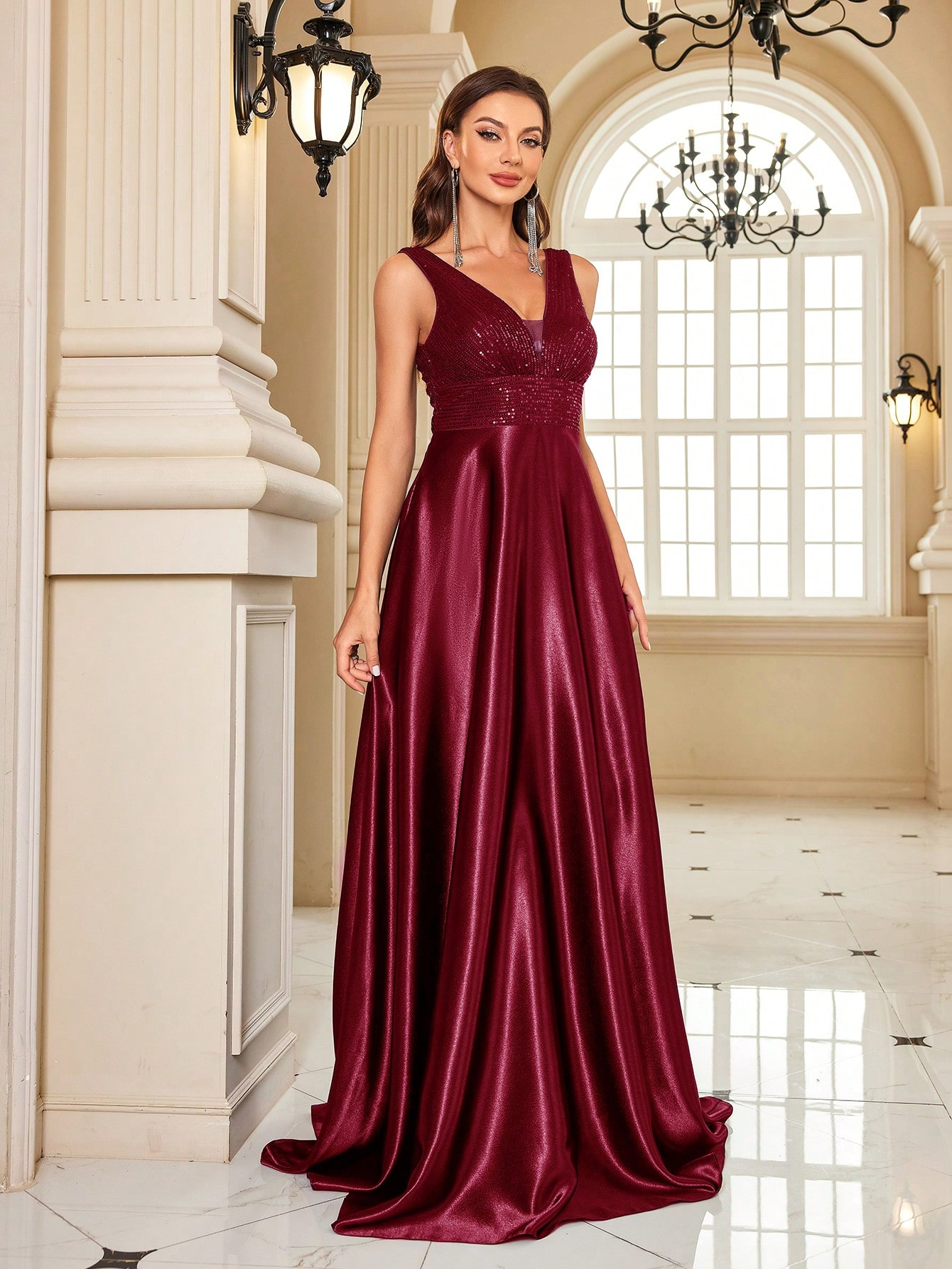 Contrast Sequin Satin Formal Dress | XUIBOL