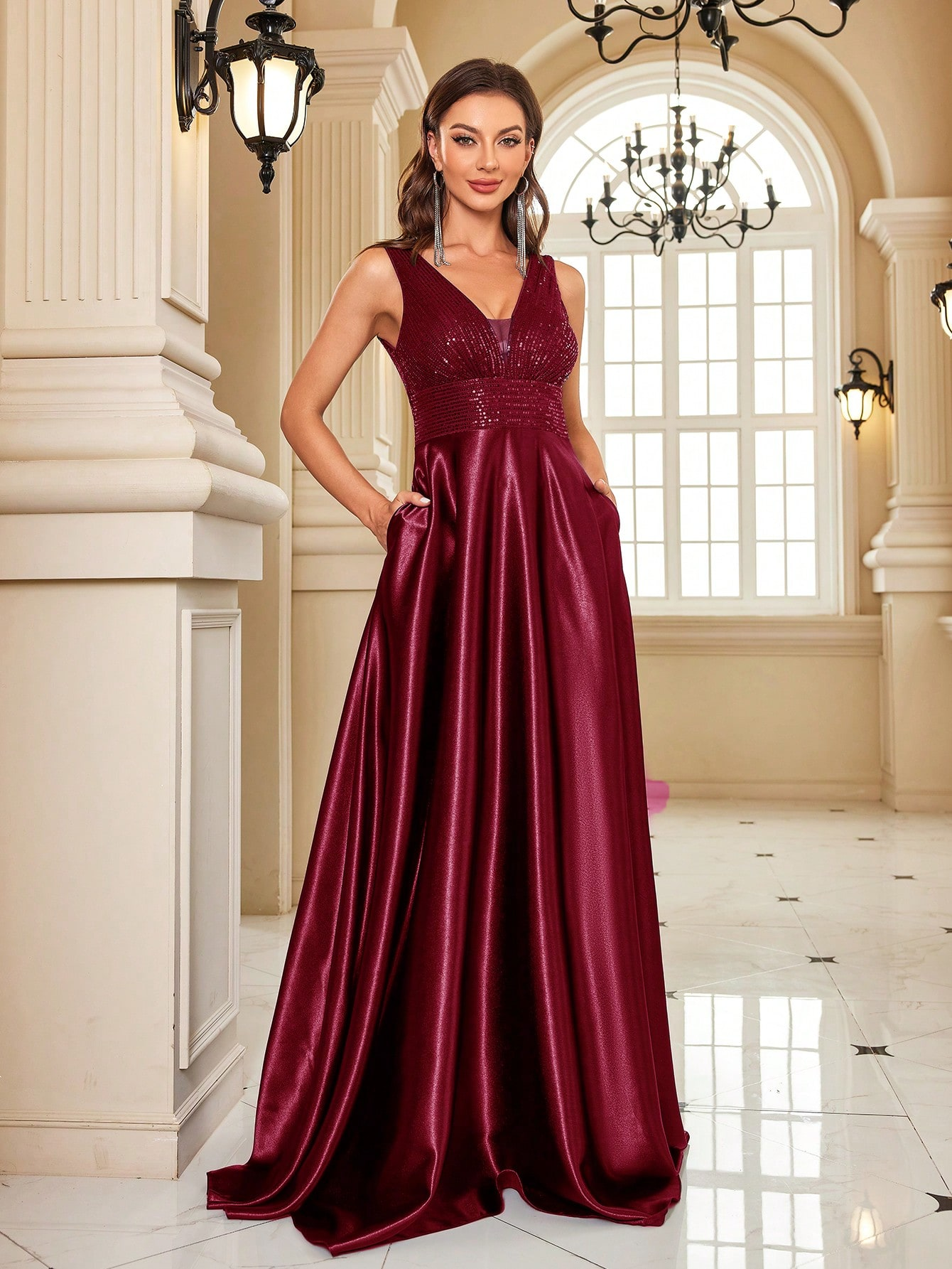 Contrast Sequin Satin Formal Dress | XUIBOL