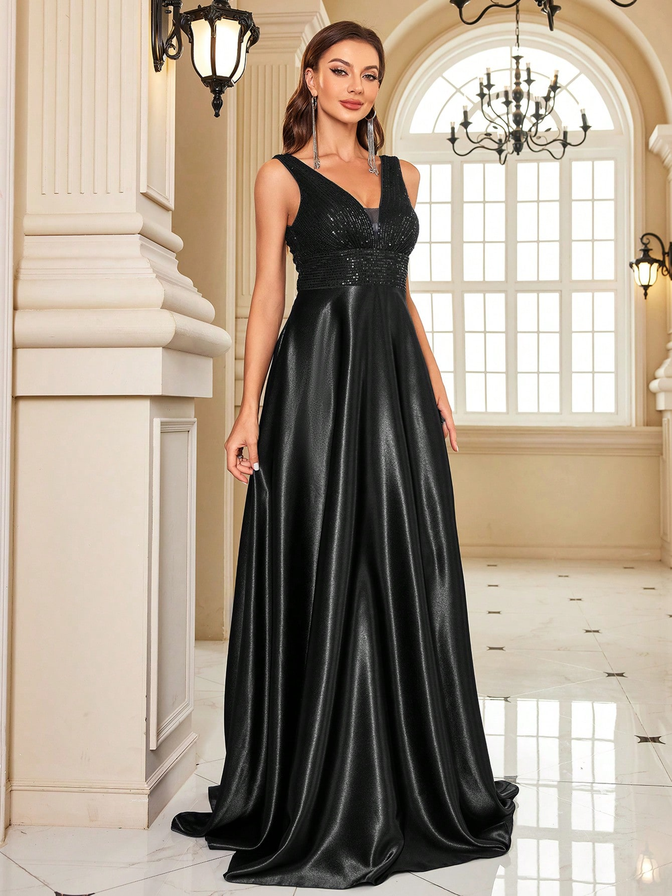 Contrast Sequin Satin Formal Dress | XUIBOL