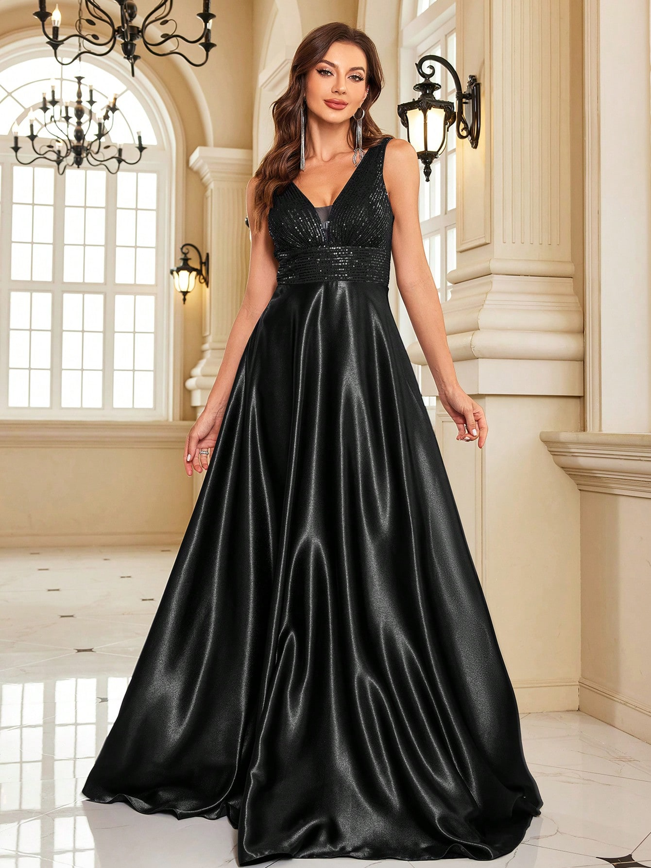 Contrast Sequin Satin Formal Dress | XUIBOL