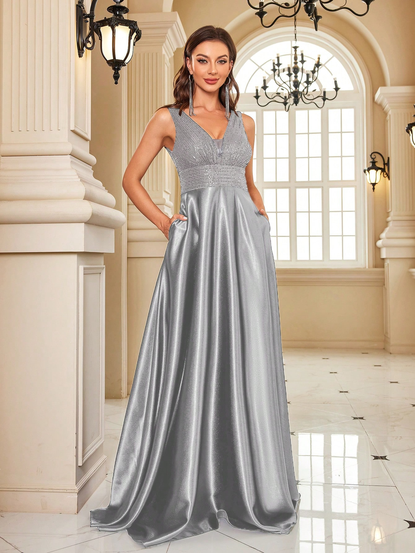 Contrast Sequin Satin Formal Dress | XUIBOL