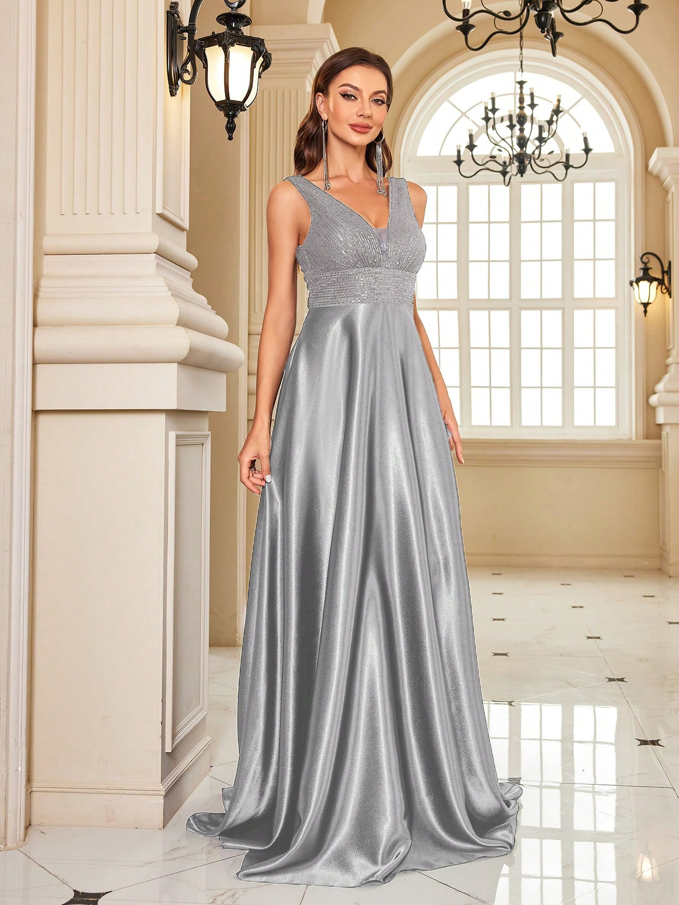 Contrast Sequin Satin Formal Dress | XUIBOL