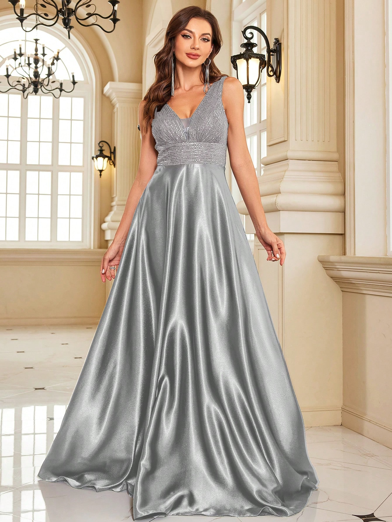Contrast Sequin Satin Formal Dress | XUIBOL