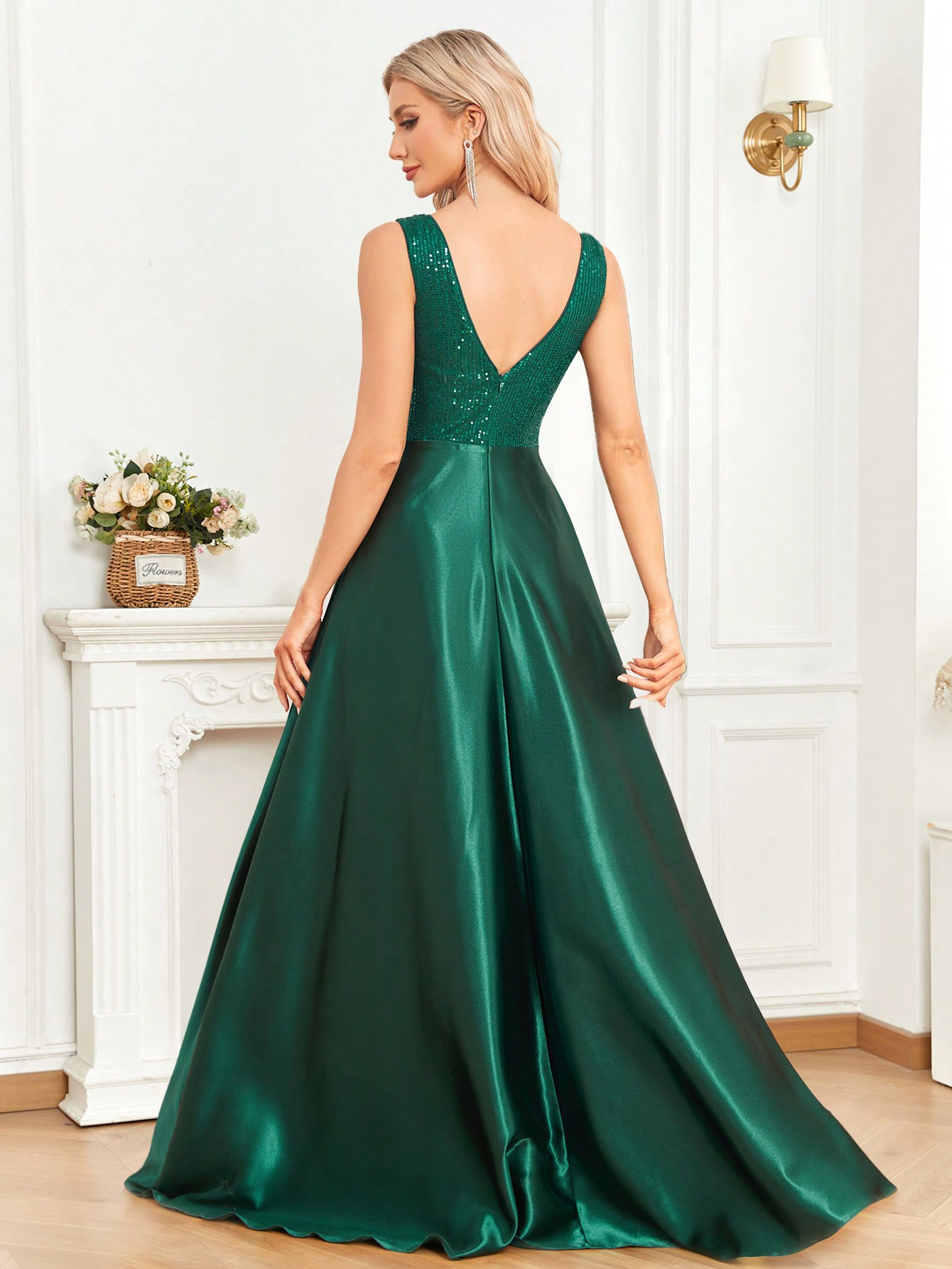 Contrast Sequin Satin Formal Dress | XUIBOL