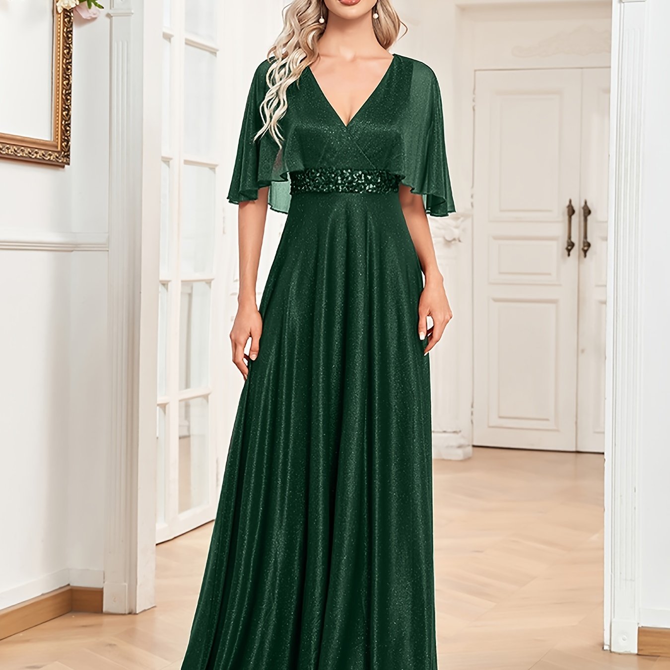 Cape Sleeve Sequin Bridesmaid Dress, Elegant Surplice Neck Floor Length Dress For Wedding Party | XUIBOL