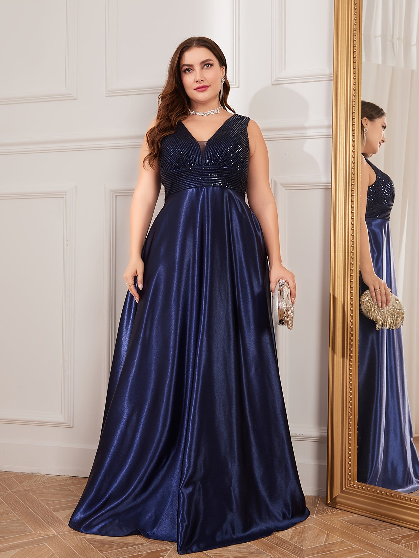 Plus Size Sequin Decor Bridesmaid Dress, Elegant V-neck Sleeveless Dress | XUIBOL