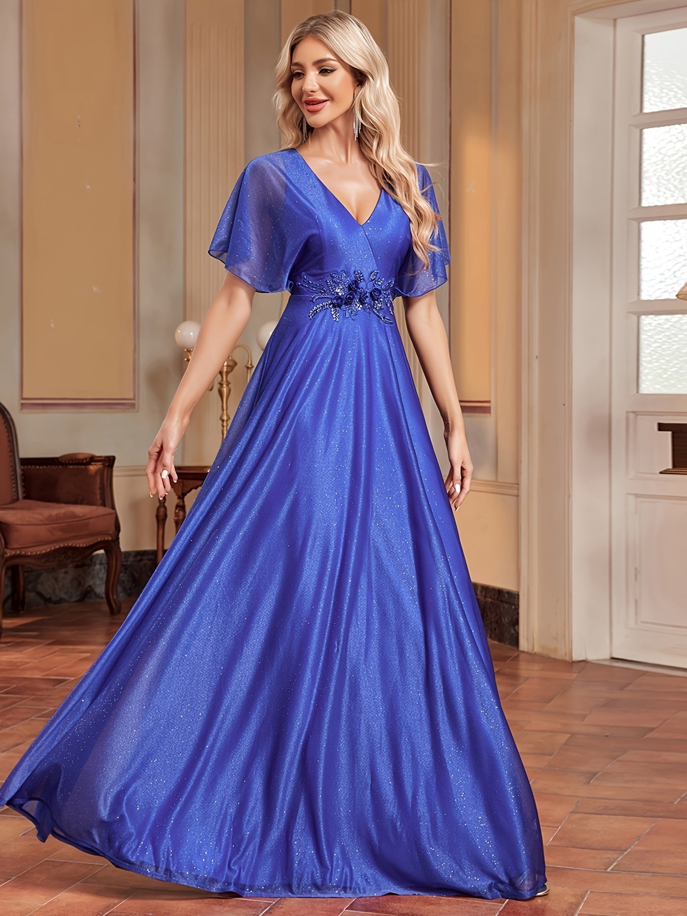 Flutter Sleeve Floral Decor Bridesmaid Dress | XUIBOL