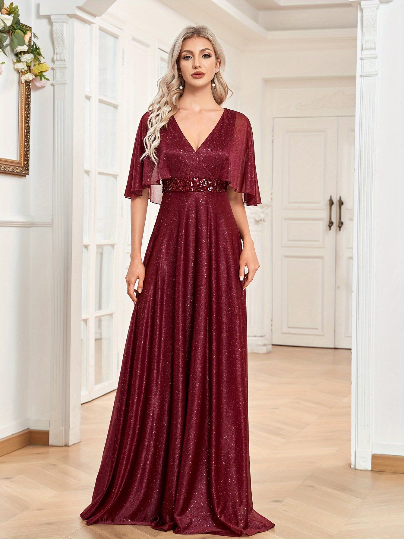 Cape Sleeve Sequin Bridesmaid Dress, Elegant Surplice Neck Floor Length Dress For Wedding Party | XUIBOL