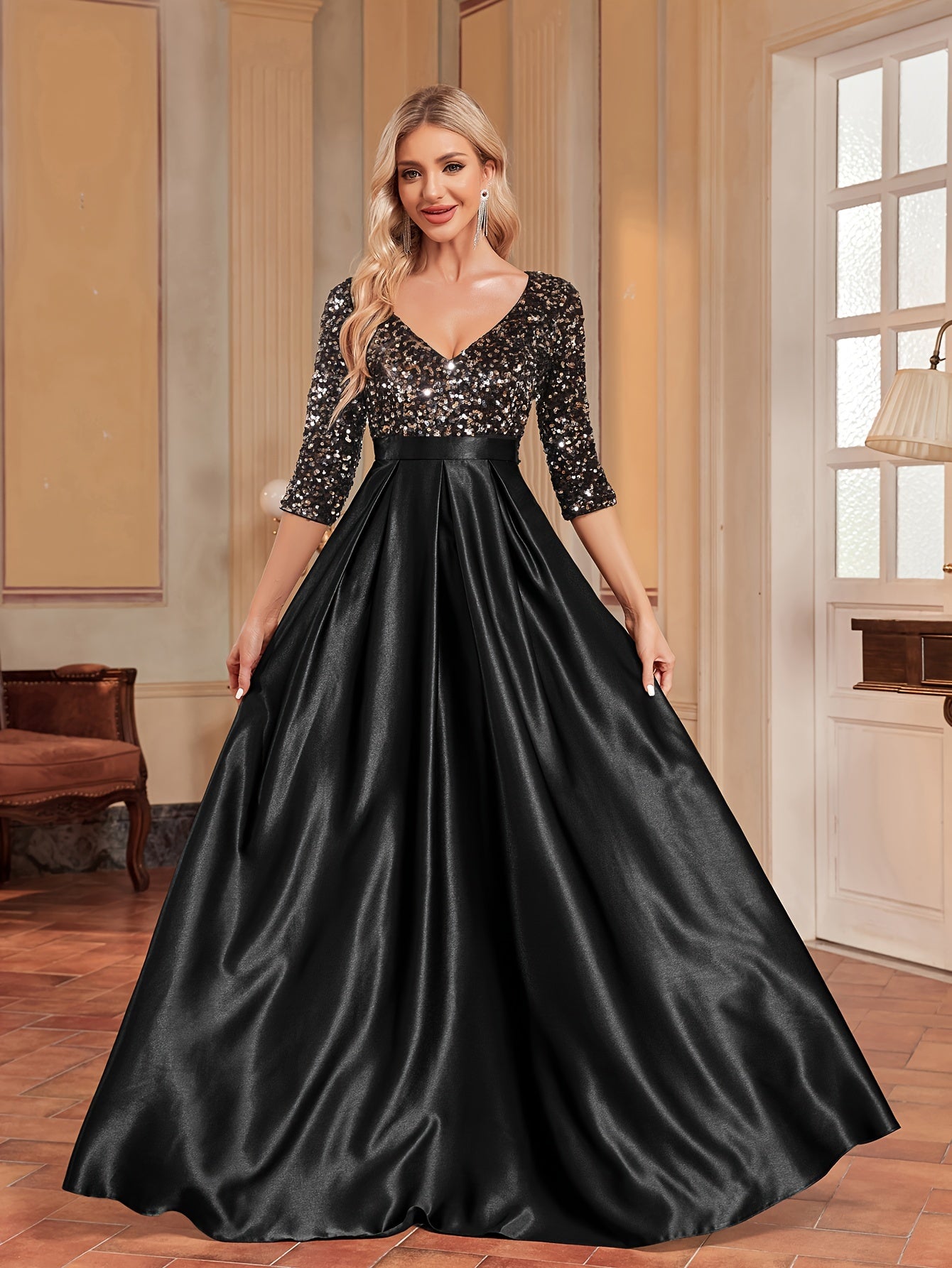 Sequined V-neck Splicing Dress | XUIBOL