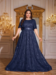 Rose Gold Sequin Flutter Sleeve Empire Waist A‑Line Plus Size Evening Gown