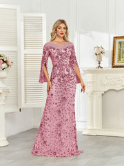 Royal Blue Sequin Split Flare‑Sleeve Mermaid Evening Gown
