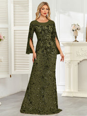 Royal Blue Sequin Split Flare‑Sleeve Mermaid Evening Gown